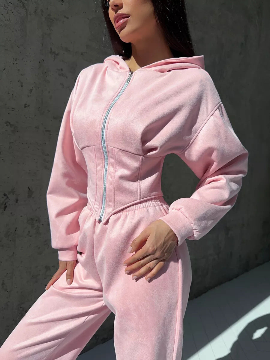 C56105  Autumn Winter Women Plain Drawstring Hooded Sweatsuit Abaya 2-Piece Set