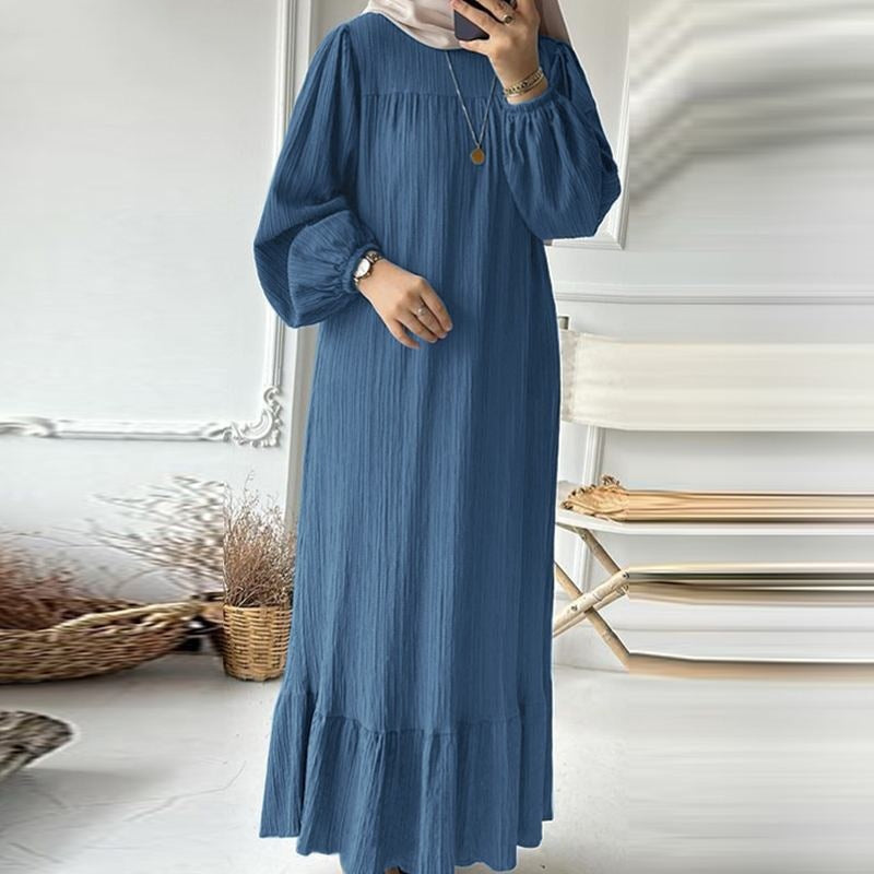 L8019  Puff Sleeve Vintage Pocket Hem Ruffle Dress