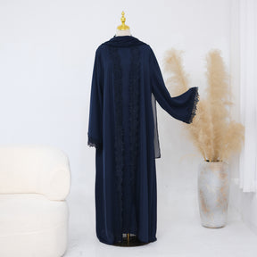 LR1191  Plain Nida Gold Foil Lace Open Abaya + Inner Layer + Hijab Set