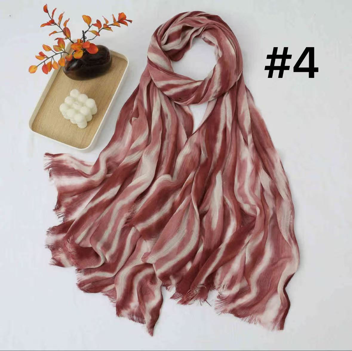 SS017  Striped Tie-Dye Modal Crinkle Hijab with Short Fringe