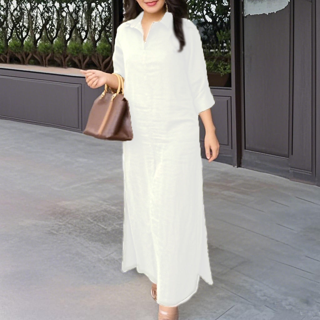 S010 Spring Autumn Plain Lapel Long Sleeve Loose Long Dress Abaya