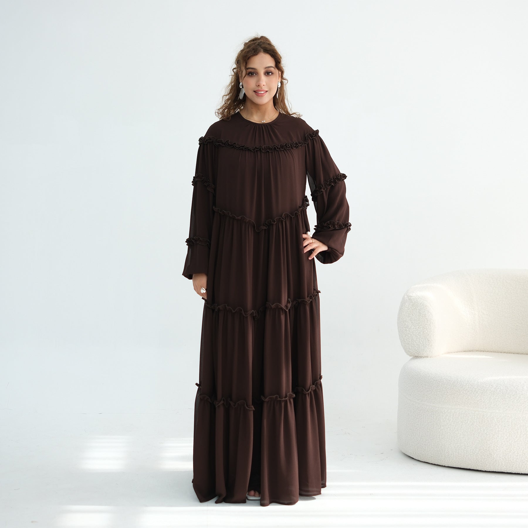 LR1161  Long Sleeve Tiered Ruffle Double Layer Dress