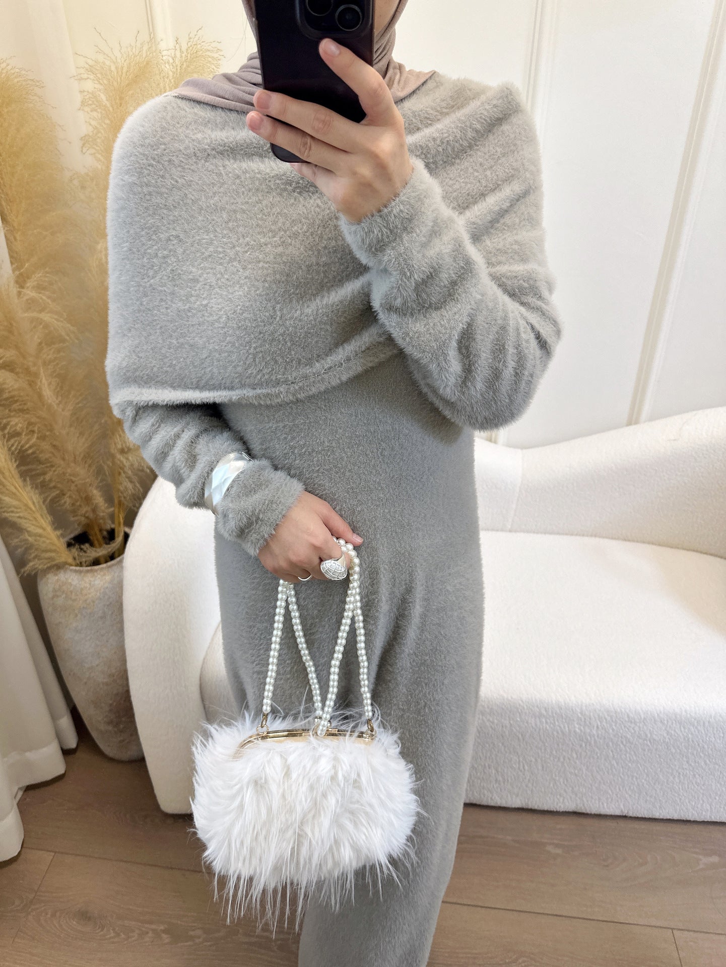 LR1085  2-Piece Plain Slim Fit Sweater Set with Shawl