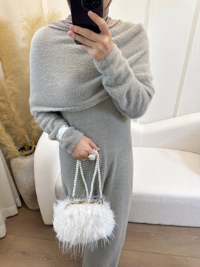 LR1085  2-Piece Plain Slim Fit Sweater Set with Shawl