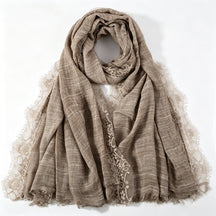 YC007  Plain Polyester Crinkle Lace Panel Fringe Hijab