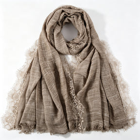 YC007  Plain Polyester Crinkle Lace Panel Fringe Hijab