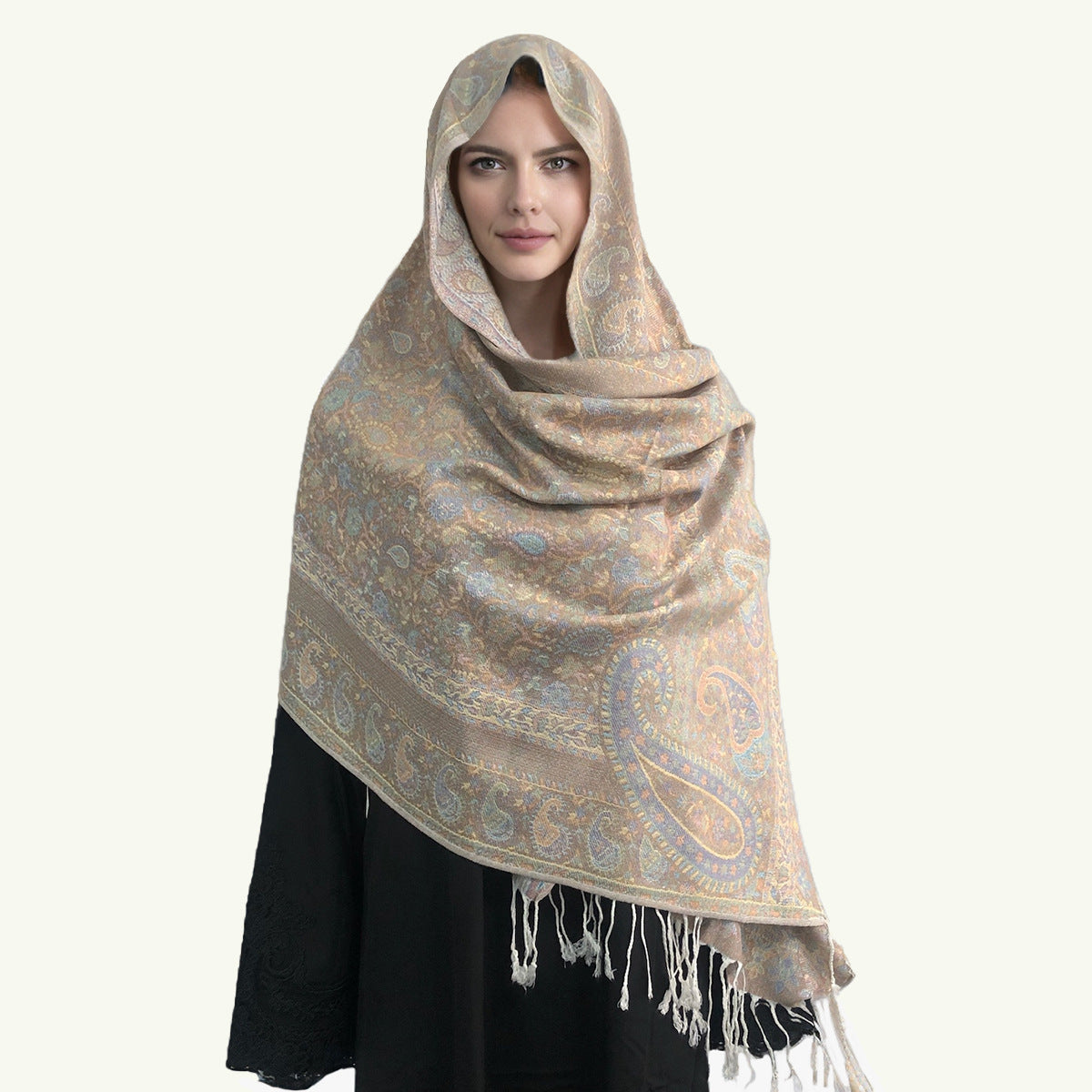 WJ005  Faux Cashmere Paisley Embroidered Tassel Scarf