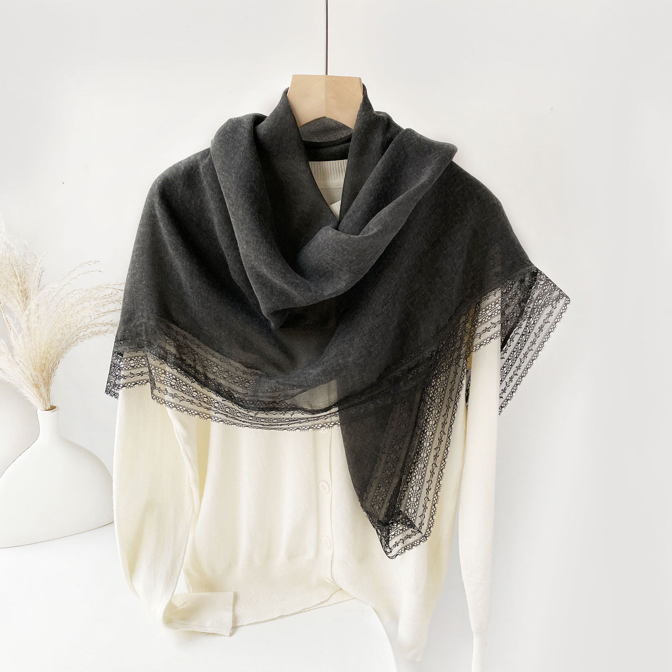 SS006  Plain Lightweight Lace Trim Polyester-Cotton Square Scarf