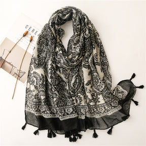 SL2202-009  Women's Ethnic Cotton Linen Feel Scarf with Wheat Ears Tassels