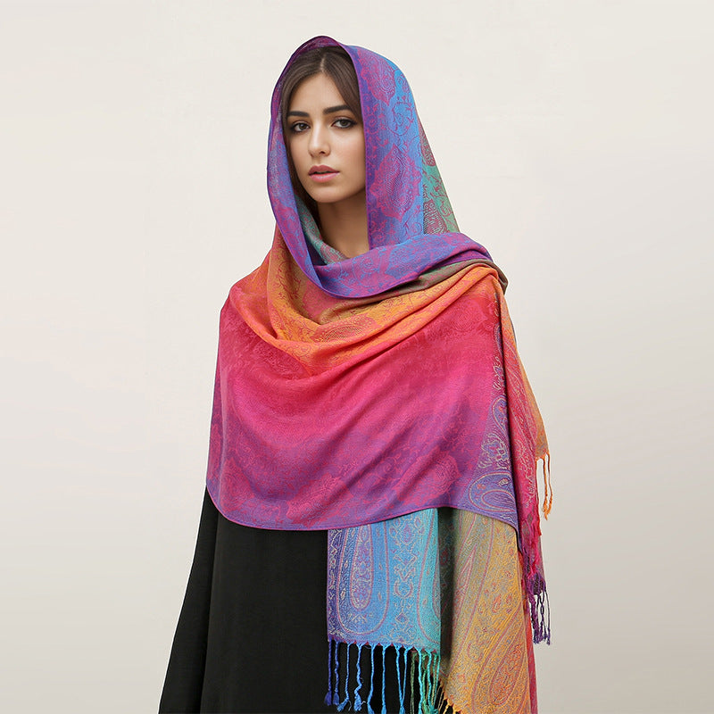 T318-01  Paisley Embroidered Ombre Tassel Polyester Cotton Scarf