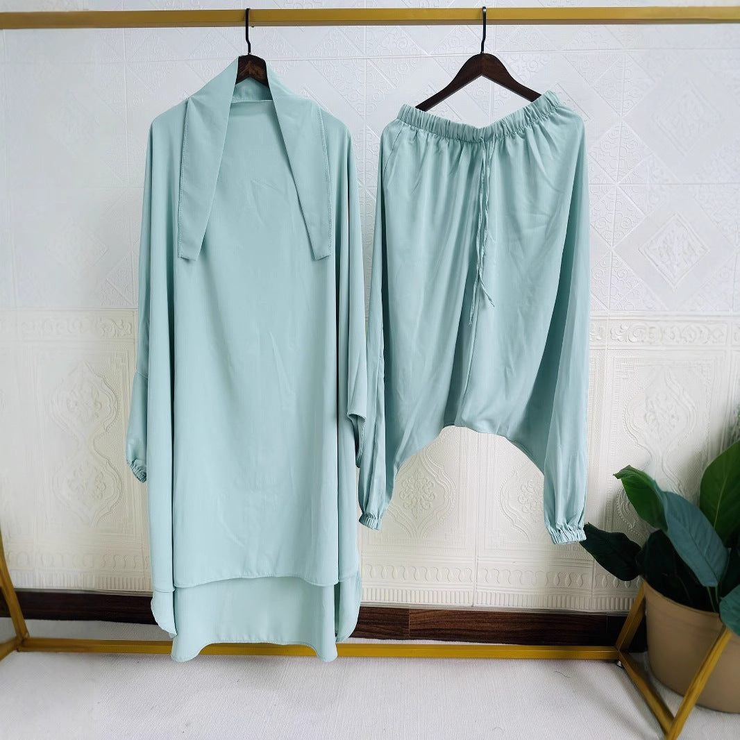 P103  Plain 2-Piece Loose Long Sleeve Top Hijab and Tied Pants Set
