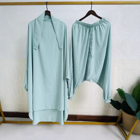 P103  Plain 2-Piece Loose Long Sleeve Top Hijab and Tied Pants Set