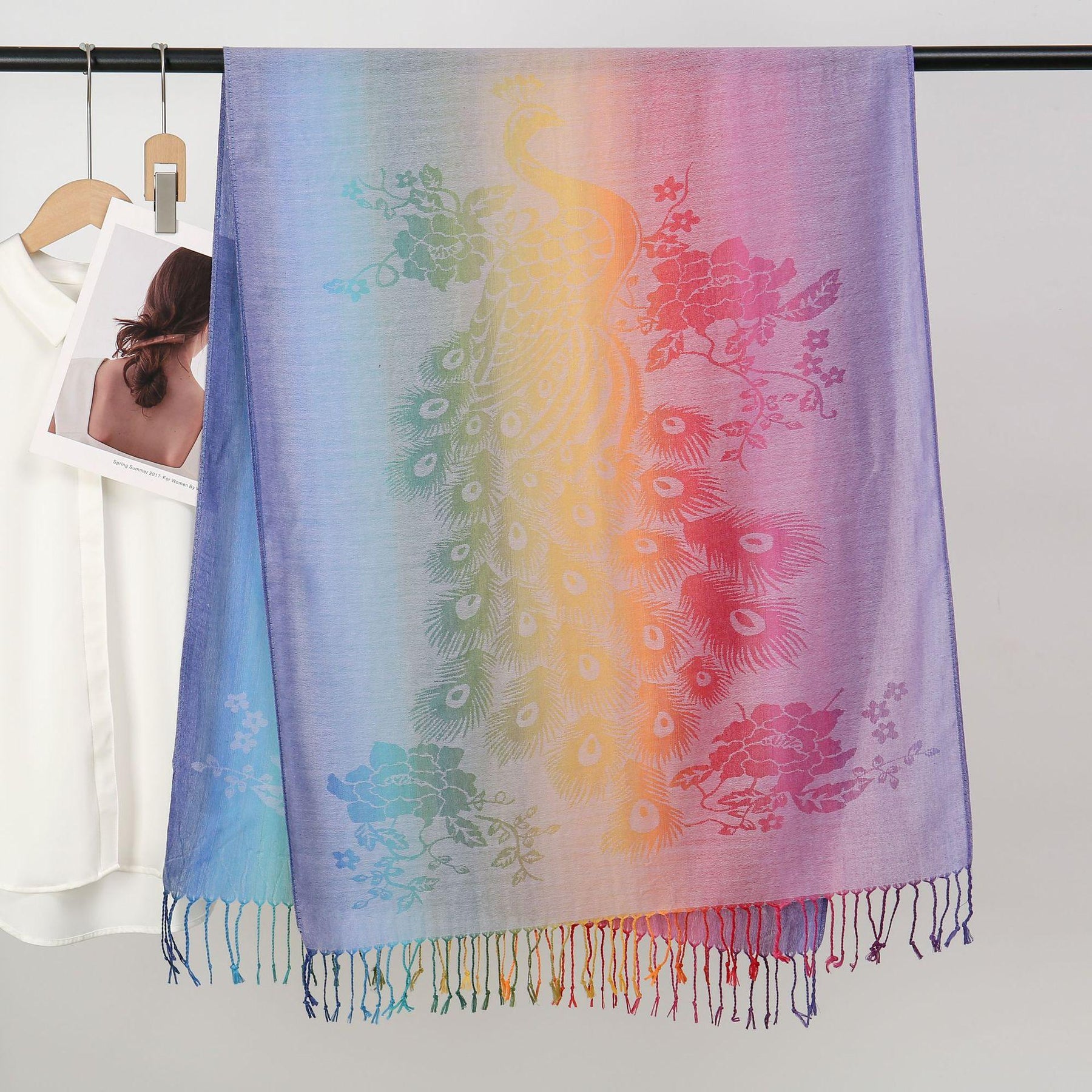 YF0438  Colorful Jacquard Soft Polyester Tassel Long Scarf