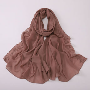 W-0512  Pearl Chiffon Long Hijab with One Side Embroidery