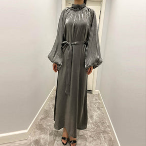 1342 Puff sleeve Bright silk muslim abaya dress