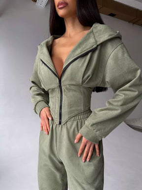 C56105  Autumn Winter Women Plain Drawstring Hooded Sweatsuit Abaya 2-Piece Set