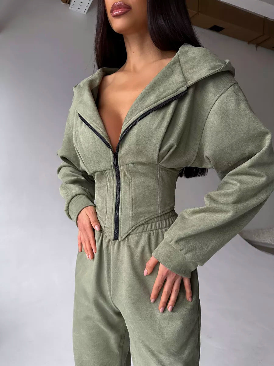 C56105  Autumn Winter Women Plain Drawstring Hooded Sweatsuit Abaya 2-Piece Set