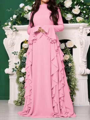 6256  Elegant Plain High-Waist Flare Sleeve Long Dress