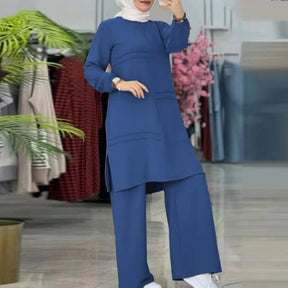 L8052  Muslim women's two-piece sportswear double bars elegant solid color long-sleeved shirt wide-leg pants suit abaya