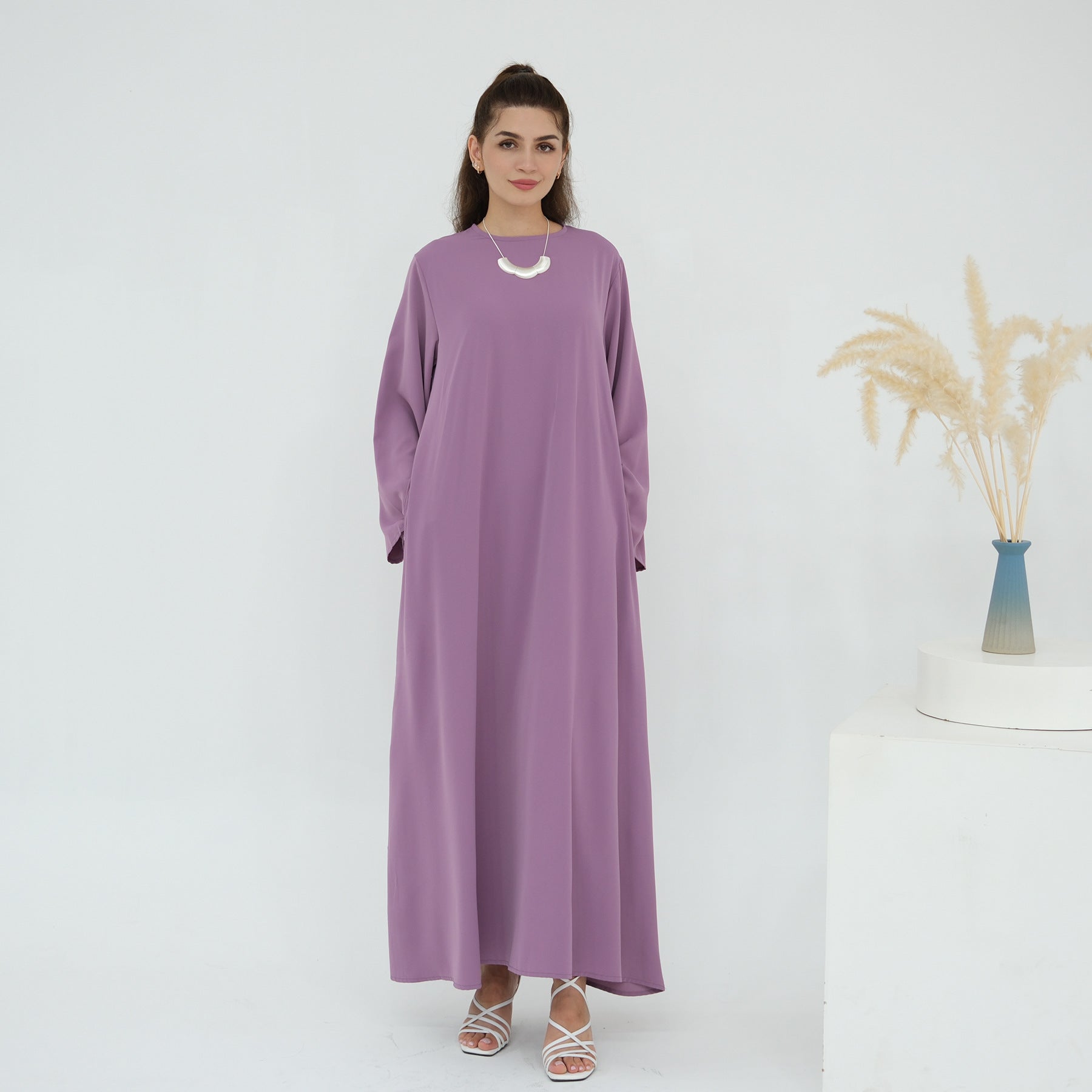 LR1046  Plain Tie-Waist Nida Dress
