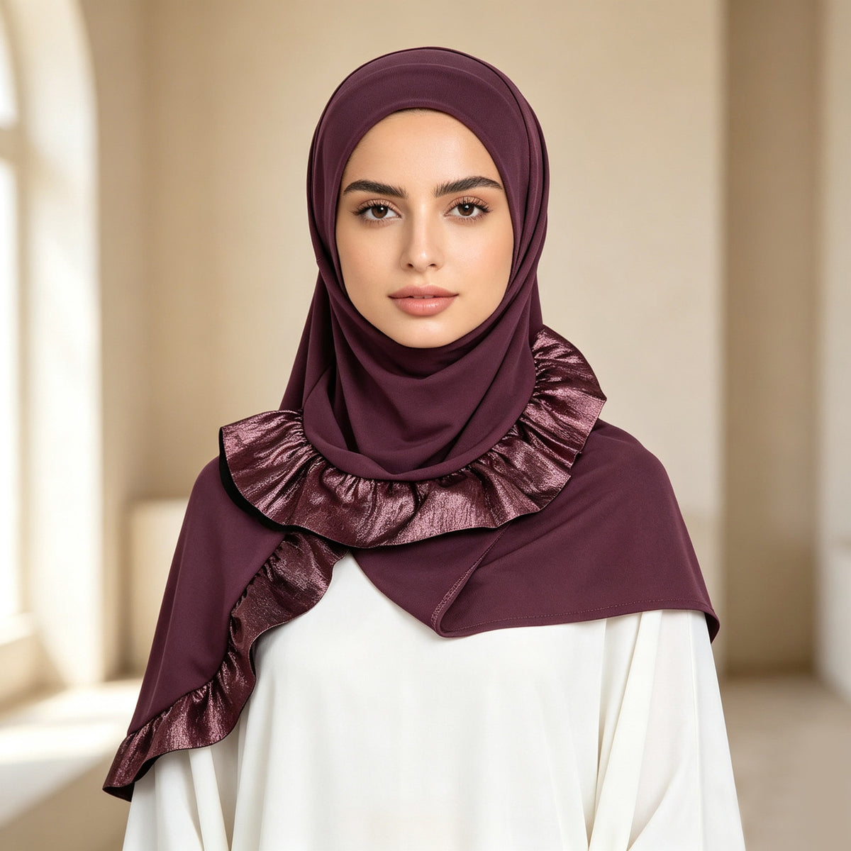TD68-062  Plain Crystal Linen One-Piece Hijab, Silver Foil Ruffles