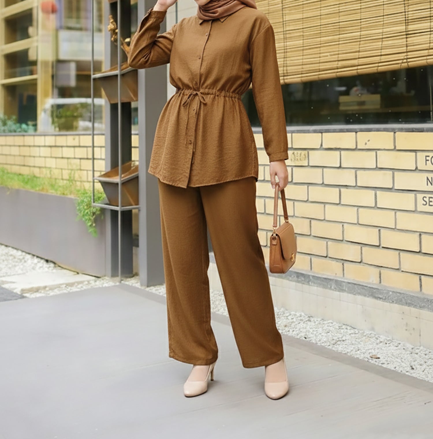M369  Solid Color Fashion Long Sleeve Shirt and Wide Leg Pants Two Piece Set