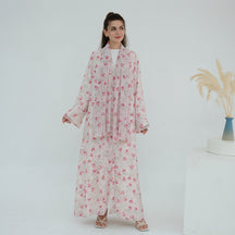 LR1067  Printed Chiffon Lined Open Abaya + Hijab Set