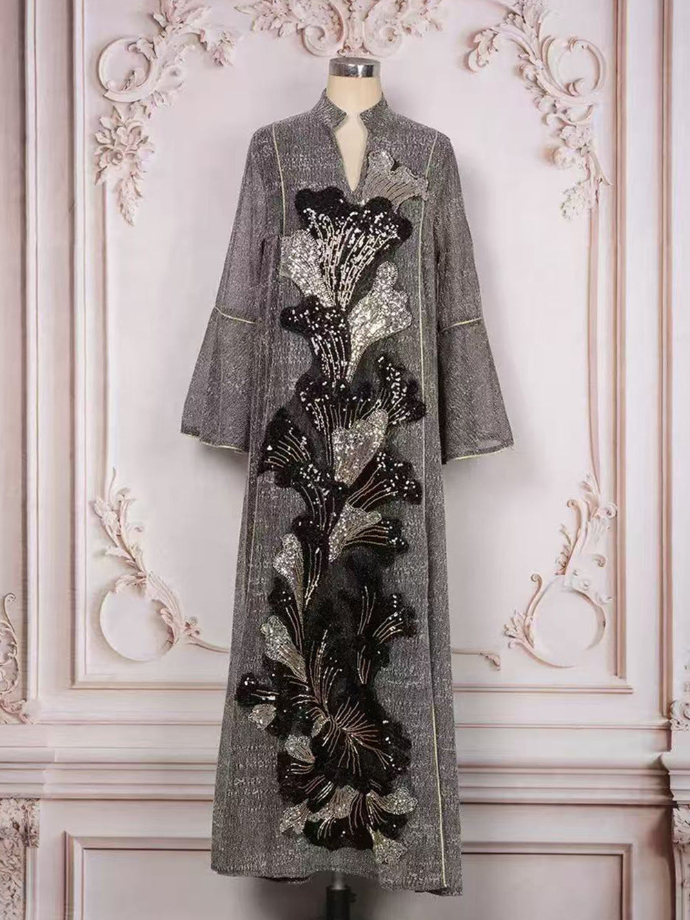 MT557  Stand Collar Sequin Beaded Embroidered Luxury Dress