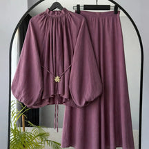 L6283  Puff Long Sleeve Tie Waist Slimming Top and Wide Leg Culotte Pants Two Piece Set