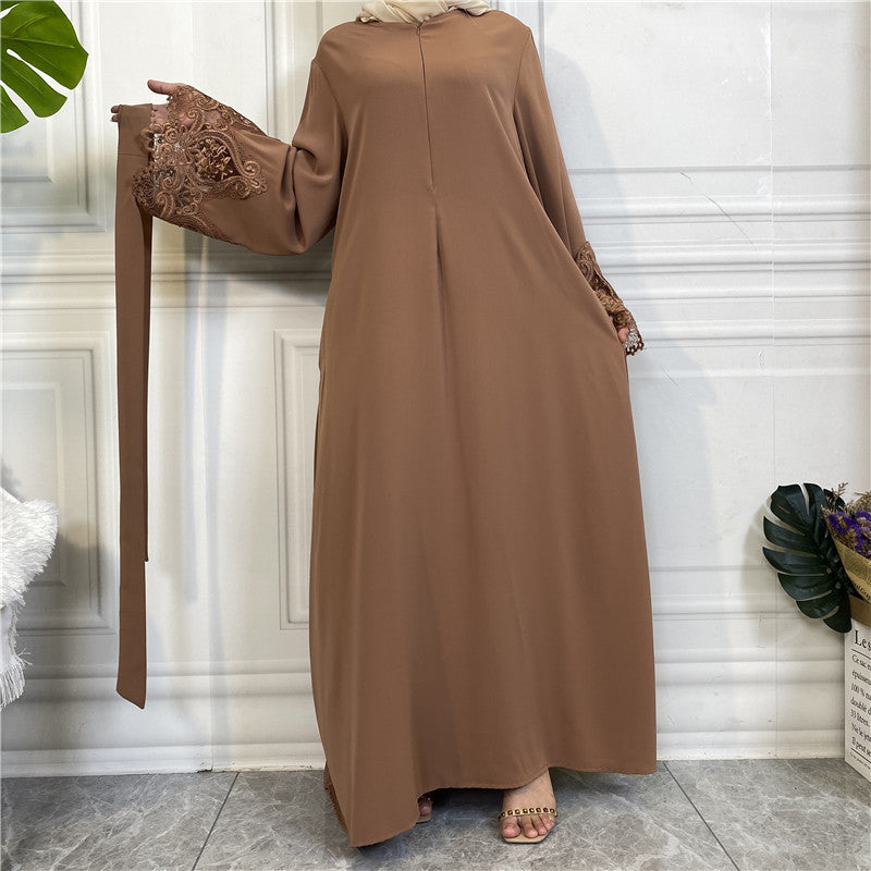 6659 Lace flower solid color muslim abaya dress