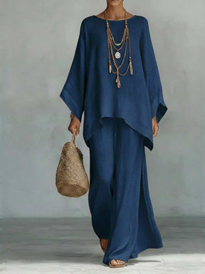 GS-30910  Women Simple Loose Linen Blend Shirt Wide Leg Pants Set
