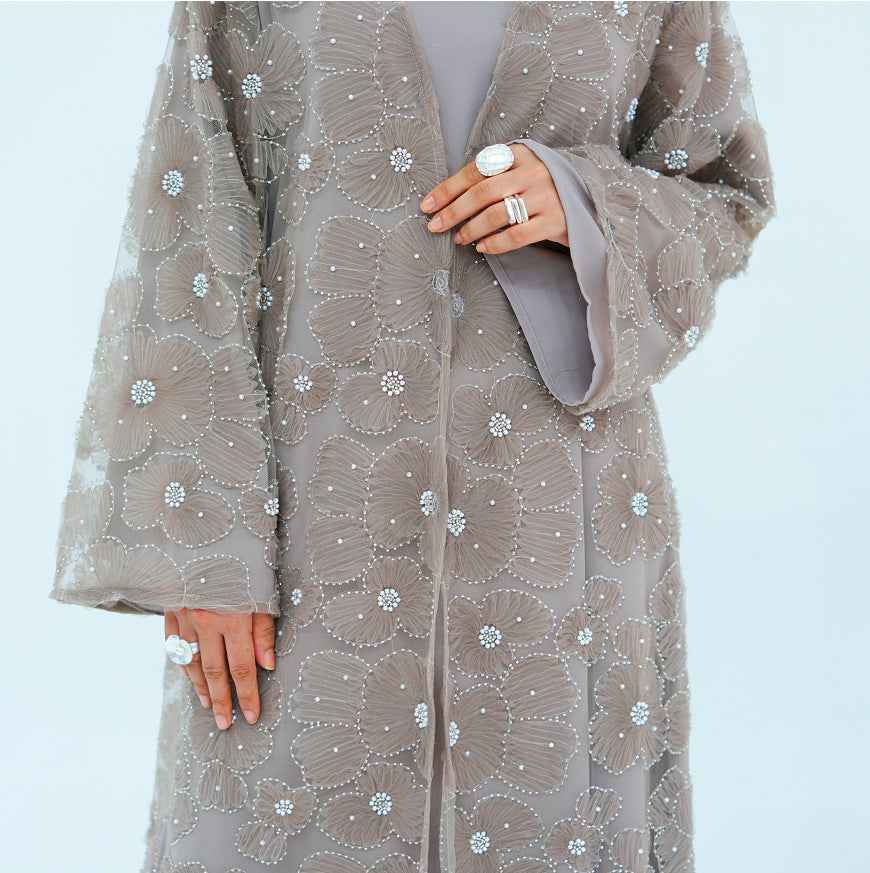 LR1069  3D Floral Beaded Cardigan Abaya