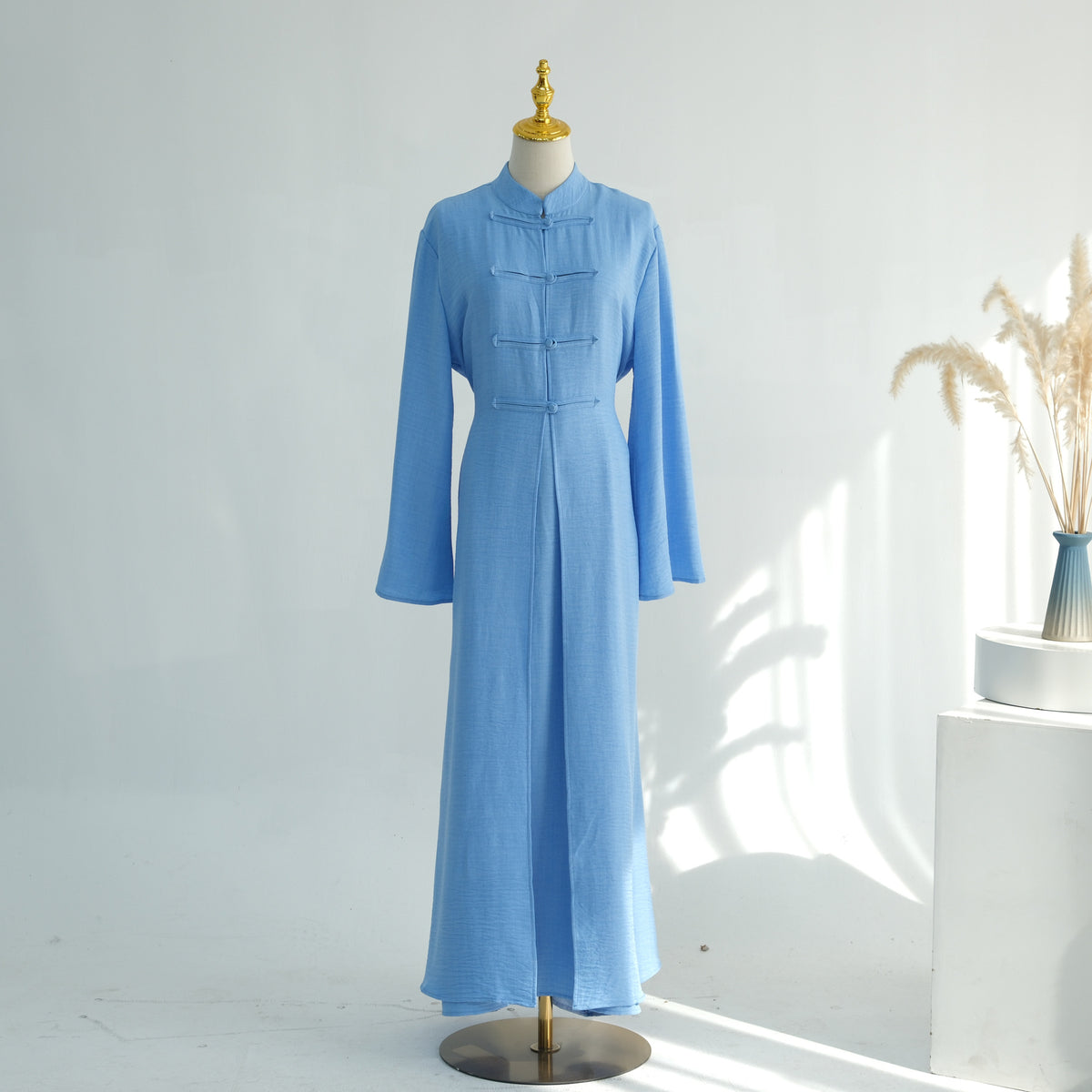 LR1124  Plain Solid Polyester Tie-Front Open Abaya Cardigan + Inner 2-Piece Set