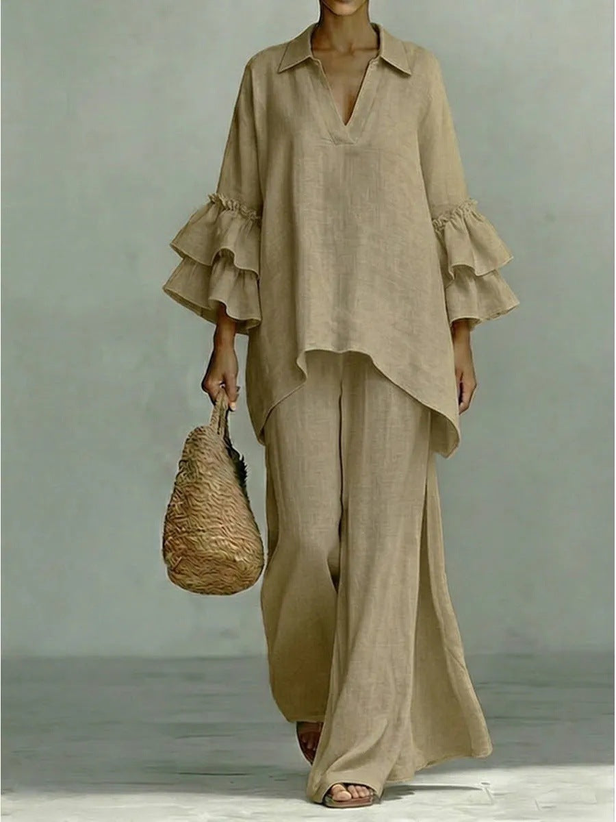 8152  Women Casual Plain Shirt Collar Loose Pants Two Piece Set