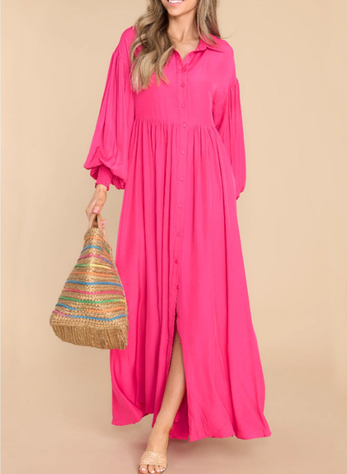 7826  Women's Casual Plain Button Lapel Pleated Long Sleeve Maxi Dress
