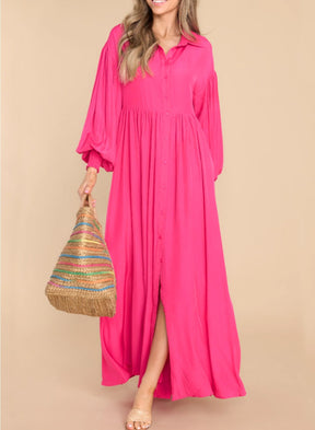 7826  Women's Casual Plain Button Lapel Pleated Long Sleeve Maxi Dress