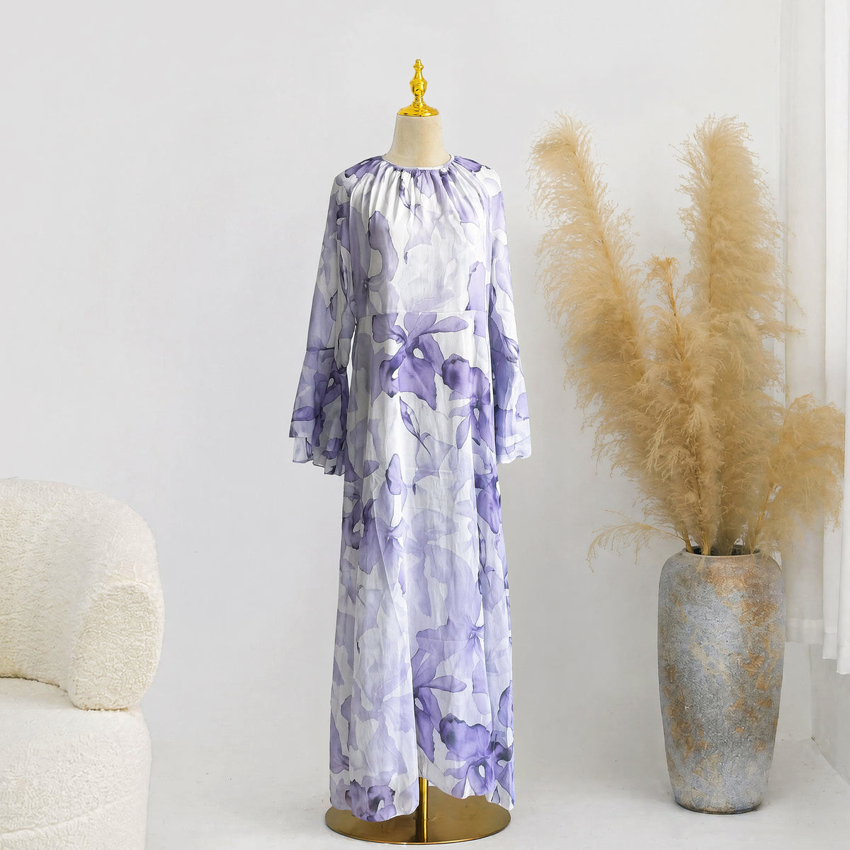 LR1338  Printed Double-Layer Chiffon Flare Sleeve Dress