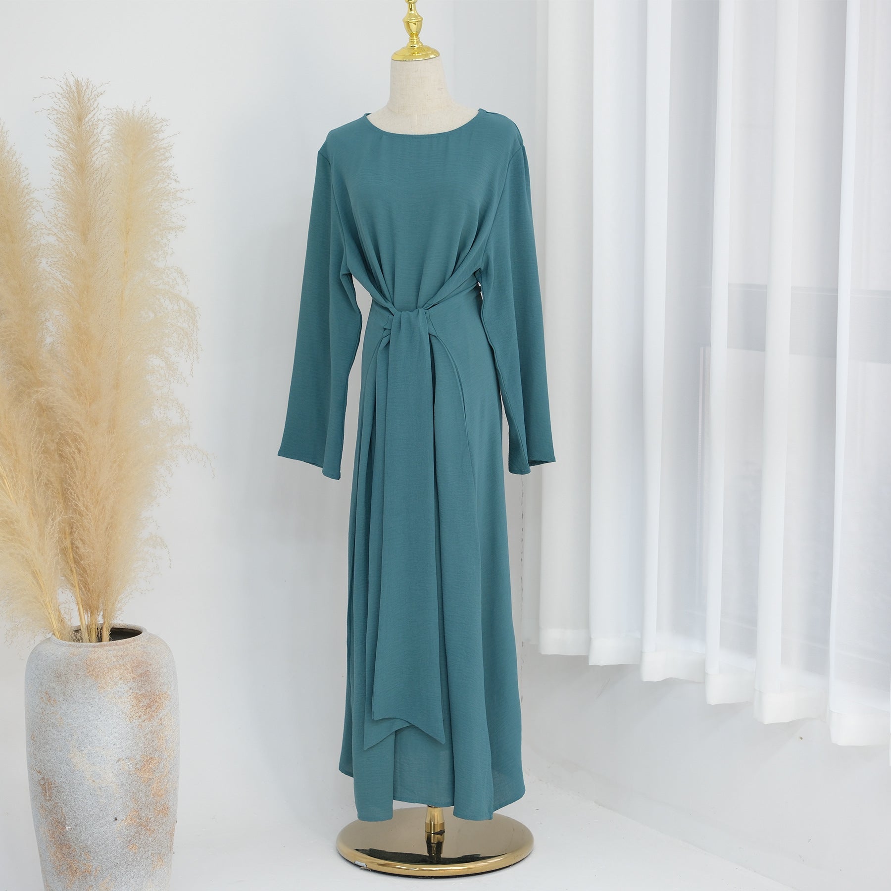 LR822  Plus Size Slimming Elegant Long Sleeve Viscose Dress with Waist Tie