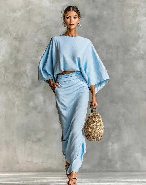 TJ7022  Autumn Crewneck Long Sleeve Top & High Waist Maxi Skirt Abaya Set