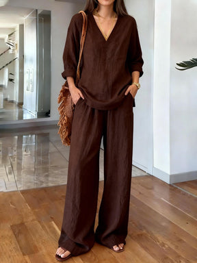 CB003  Elegant V-Neck Long Sleeve Top & Pants Abaya 2-Piece Set