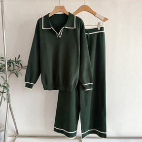 6676  Women's Autumn Contrast Color Lapel Jersey Two-Piece Set