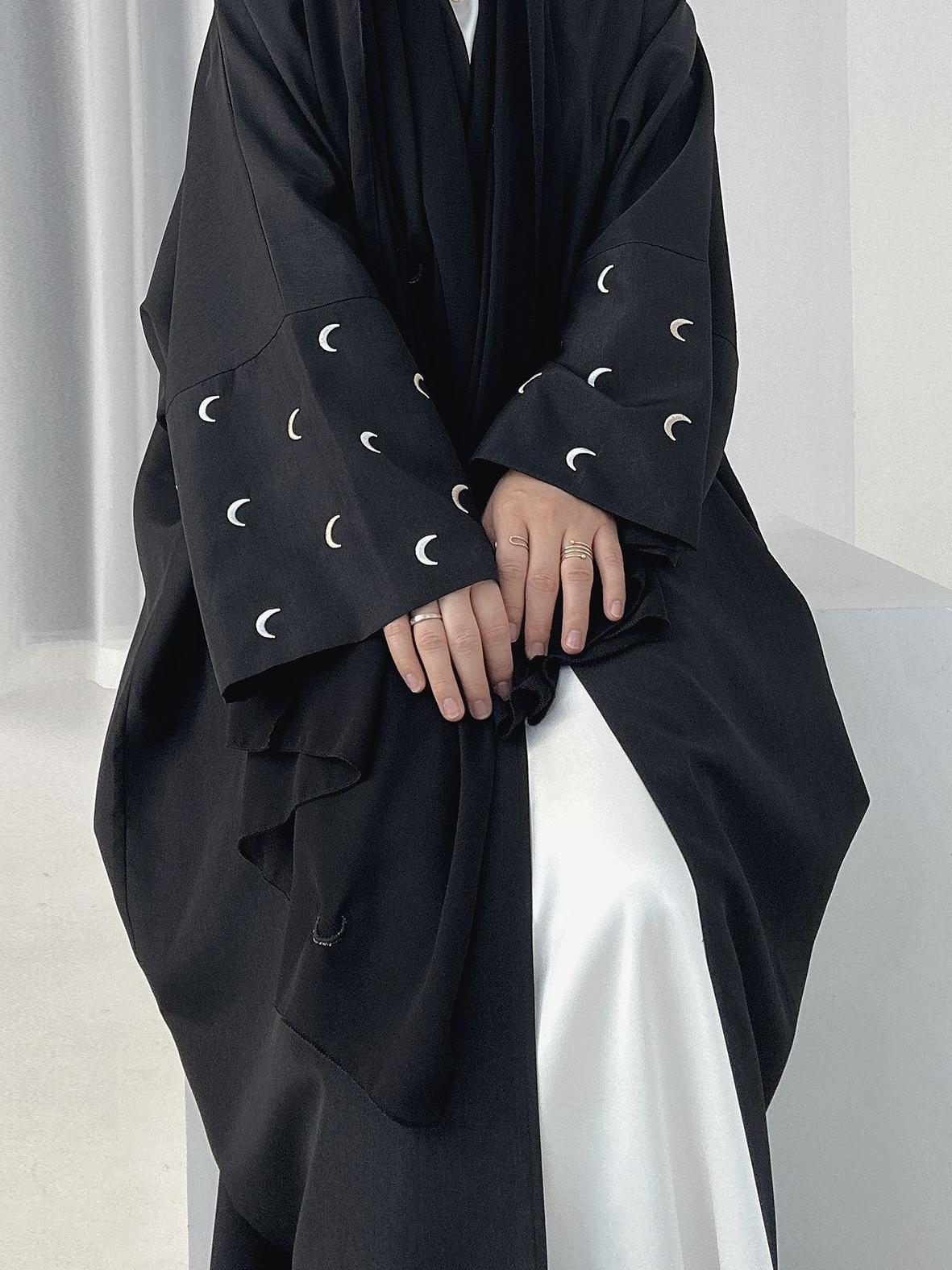 YLCX  Plain elegant long dress – cardigan style, moon embroidery