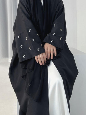 YLCX  Plain elegant long dress – cardigan style, moon embroidery