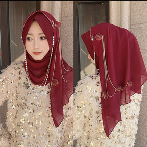 HZ001  Rose Tassel Chain Chiffon Pull-On Wrap Hijab