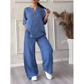 8605  Women's Comfortable Loose Top & Wide-Leg Pants Cotton Linen Set