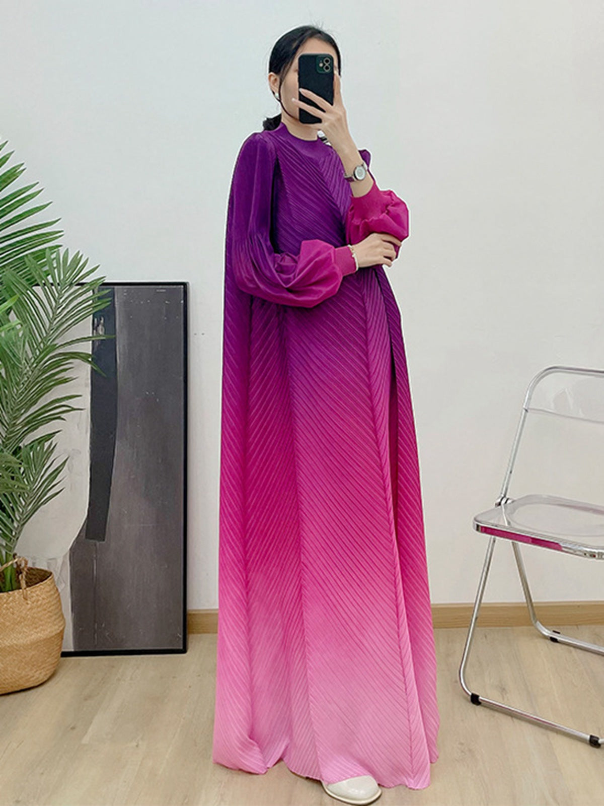 1169240391  Ombre Polyester Crinkle Lantern Sleeve Long Dress