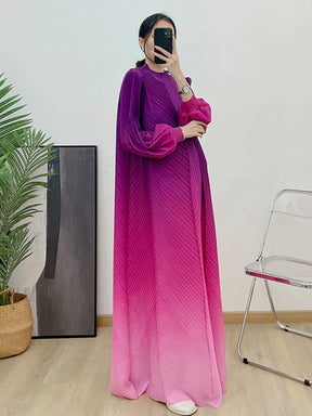 1169240391  Ombre Polyester Crinkle Lantern Sleeve Long Dress