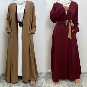 1991 Solid color reversible cardigan with pockets and tie abaya