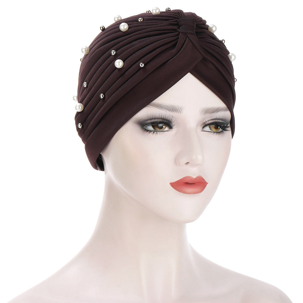 TJM-YD帽钉大小珠 pleated pearl hijab turban hat