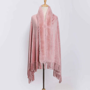 FLR-001  Double-Faced Flannel Shawl Scarf with Orylag Fur Collar and Tassels
